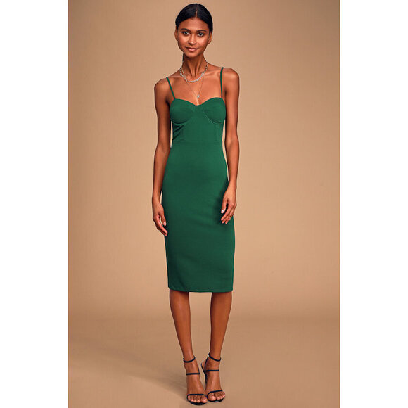 Lulus Charmed And Dangerous Dark Green Bustier Bodycon Midi Dress - Size M - Picture 1 of 1